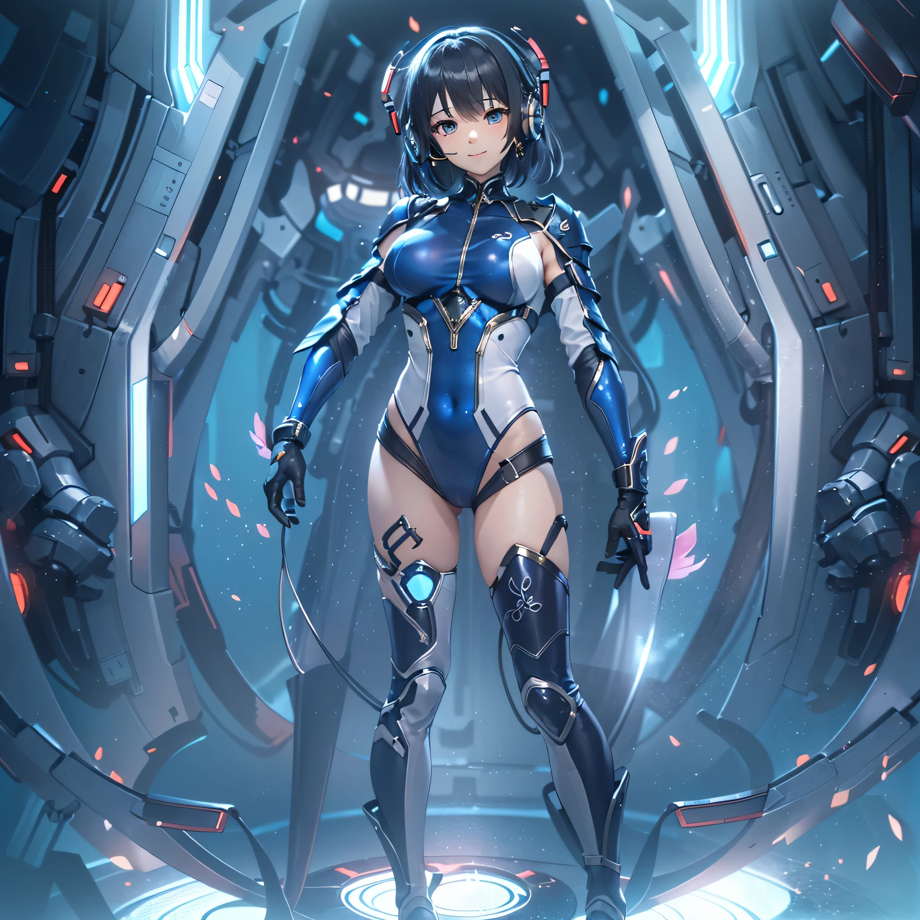 (masterpiece、highest quality、Highest Resolution、Clear_image、Detailed details、Angle from above): (Whole body、One 20 year old girl、Japanese Faces、Small Face、Slender、Navy blue super short bob cut hair、(Hidden small breasts:1.3)、Sparkling blue eyes、Shiny pilot suit in blue and black colors、Chest protection armor、Tight fitting clothes、Clothing that covers the whole body、Glamorous clothes、Tight Fit Pants、Hide your skin、Very delicate and beautiful、Detailed Skin、hide thighs、Hide your ass、Cute、A gentle smile、Soft expression、heroine、headset、Knee-high boots、Elbow-length gloves、Eye Level Shot、Face directly、Woman on a spaceship)