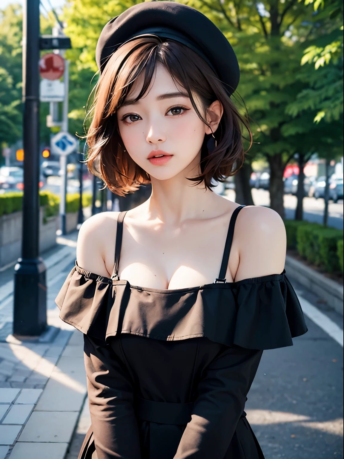 (Best quality), (Masterpiece), Photography, Realistic, (1girl), perfect body, black beret, 1girl, star eye, blush, perfect illumination, short red hair, gray eyes, unreal engine, sidelighting, detailed face, bangs, bright skin, simple background, dark background, (realistic:1.5), (masterpiece, Extremely detailed CG unity 8k wallpaper, best quality, highres:1.2), (ultra_detailed, UHD:1.2), (pixiv:1.3), perfect illumination, distinct, (bishoujo:1.2), looking at viewer, unreal engine, sidelighting, perfect face, detailed face, beautiful eyes, pretty face, (bright skin:1.3), black off shoulder dress, tattoos, piercings, outdoor, city background, winter day, windy