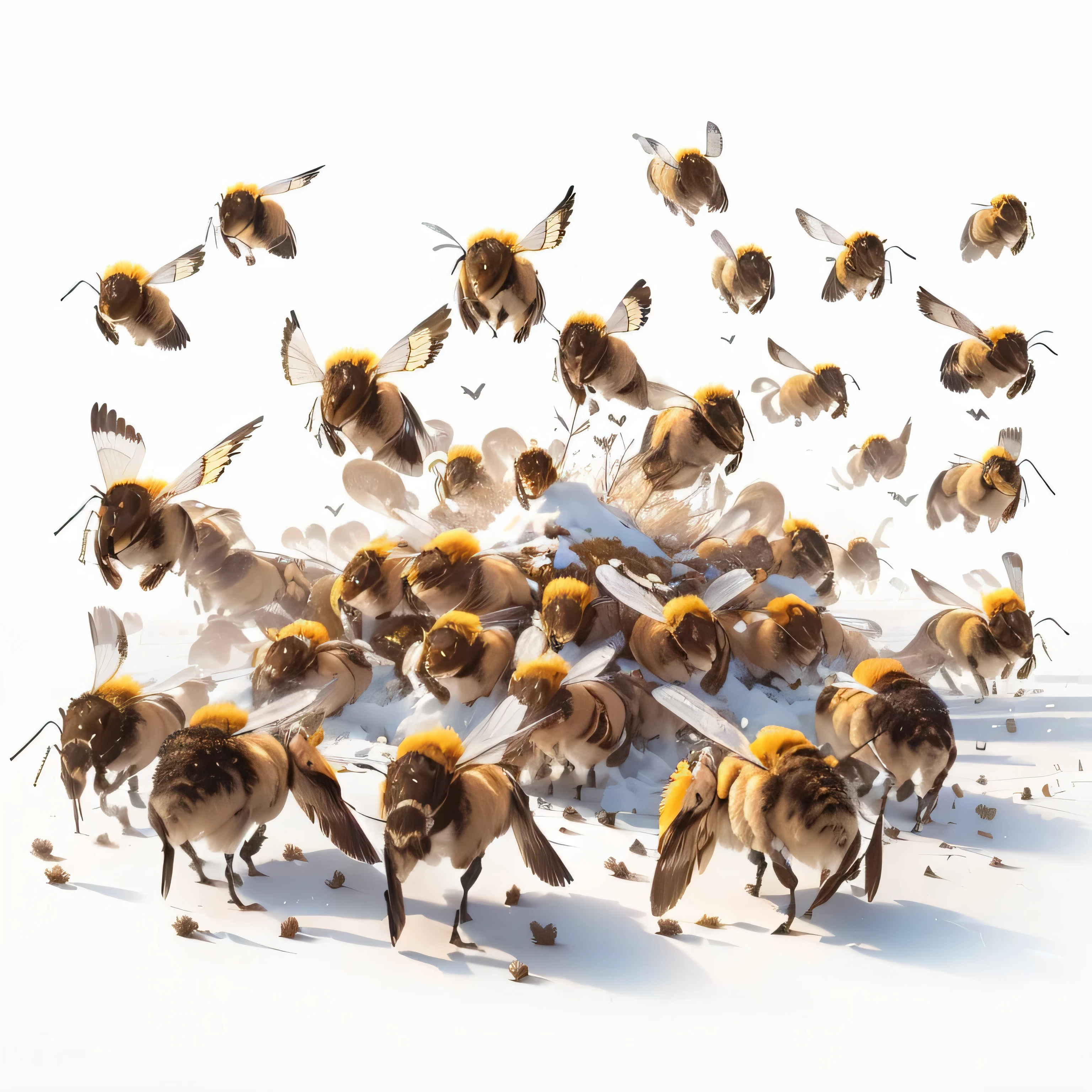 a flock of abelhas flying around a pile of food on a white surface, abelhas, abelhas flying, enxame, enxameing with insects, abelhas covering whole body, painting big abelhas flying around, small abelhas following the leader, (abelha), made of abelhas, mel, abelha, obras de arte deslumbrantes, por Min Zhen, abelha movie, por Ben Zoeller, imagem viral
