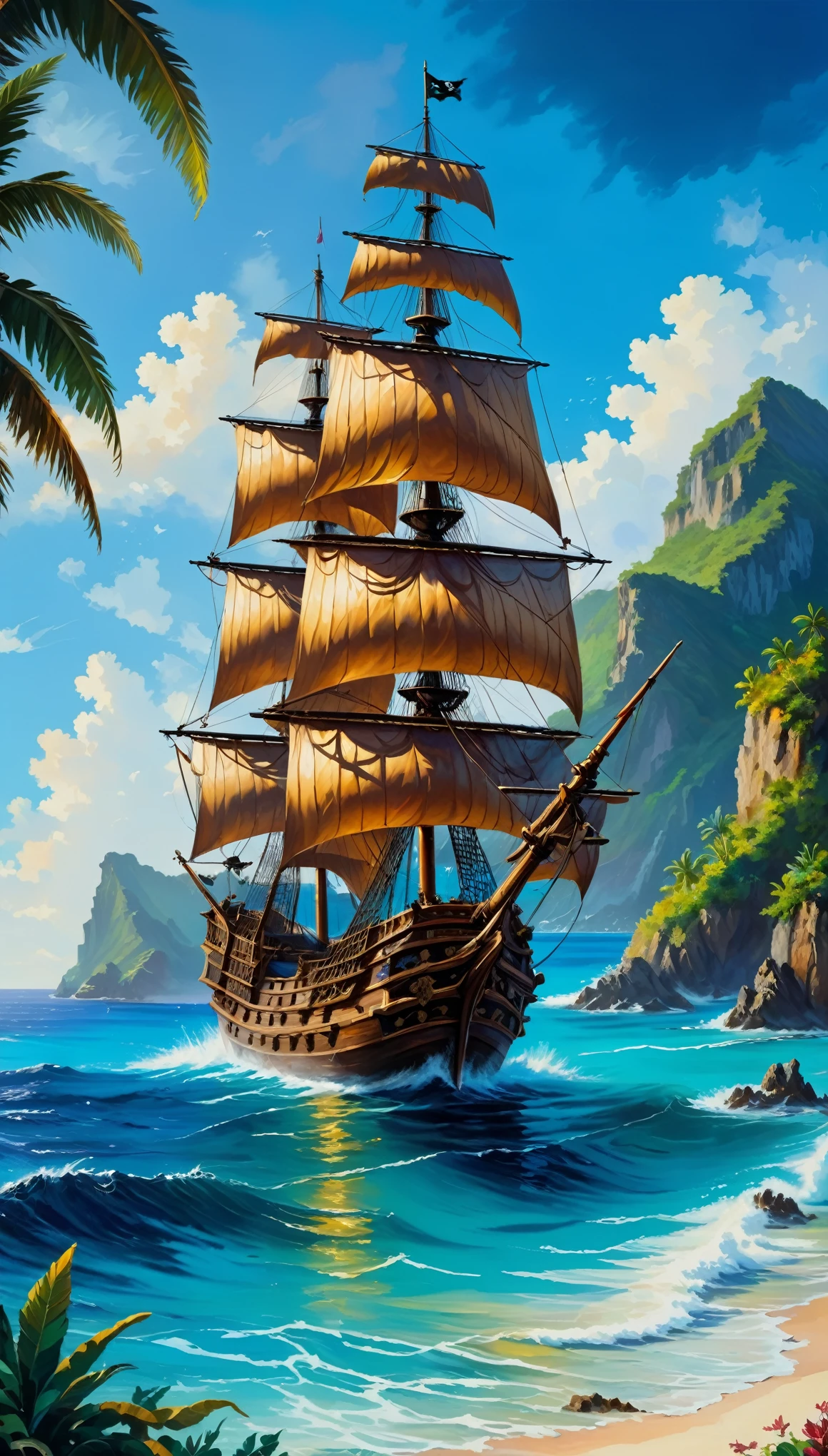 oil painting, The year 1650, the Caribbean, a large galleon enters a beautiful bay with a blue coast, beautiful vivid colors, a pirate ship, Caribbean vegetation, blue sea water,