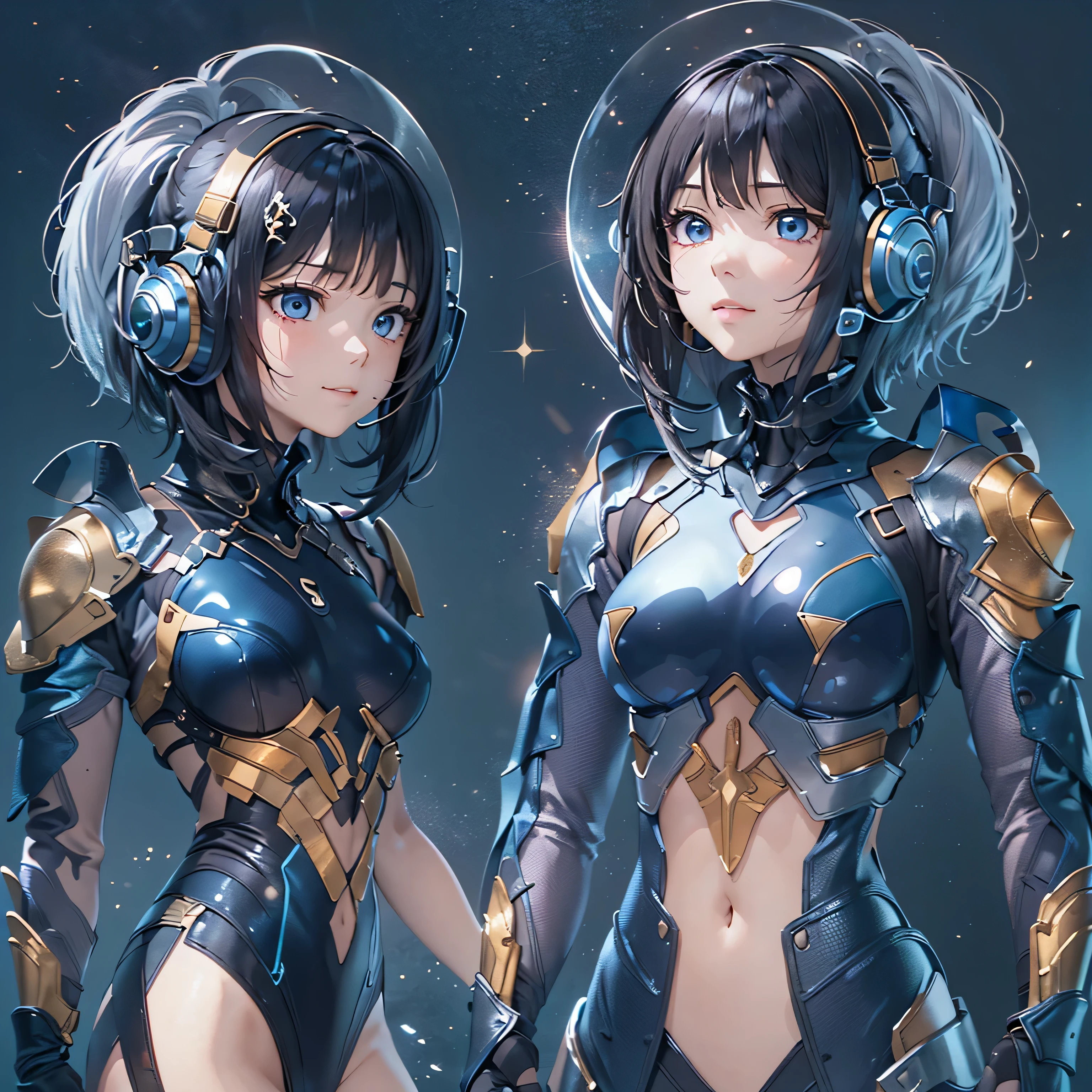 (masterpiece、highest quality、Highest Resolution、Clear_image、Detailed details、Angle from above): (Whole body、One 20 year old girl、Japanese Faces、Small Face、Slender、Navy blue super short bob cut hair、(Hidden small breasts:1.3)、Sparkling blue eyes、Shiny pilot suit in blue and black colors、Chest protection armor、Tight fitting clothes、Clothing that covers the whole body、Glamorous clothes、Tight Fit Pants、Hide your skin、Very delicate and beautiful、Detailed Skin、hide thighs、Hide your ass、Cute、A gentle smile、Soft expression、heroine、headset、Knee-high boots、Elbow-length gloves、Eye Level Shot、Face directly、Woman on a spaceship)