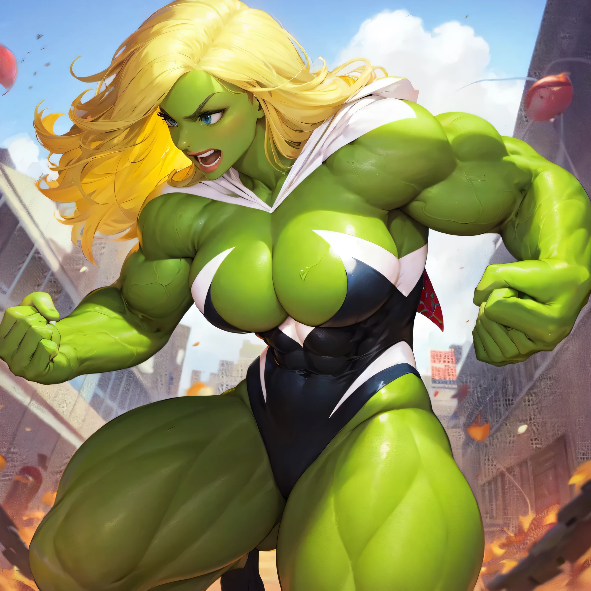 , masterpiece, ,girl,beautiful girl,, (green skin),biceps,muscular female, alternate muscle size,blonde hair,muscular shoulder,sky,pecs, muscular thighs,,torn clothes,open mouth, spider-gwen, broad shoulder
