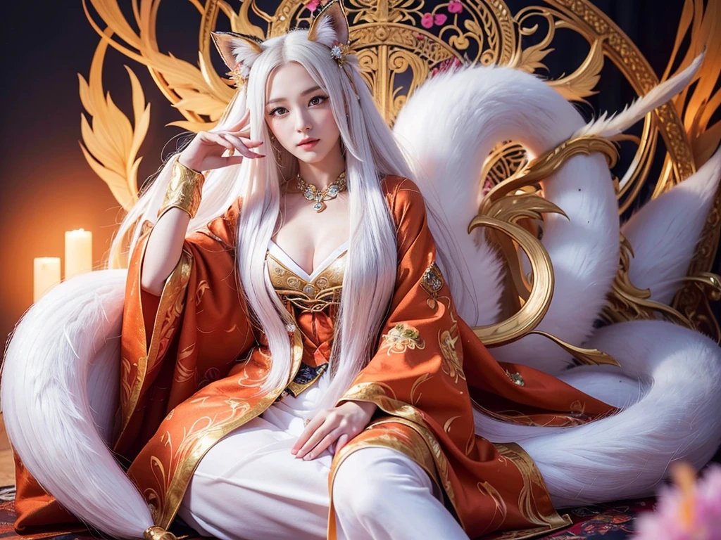 The fox queen sits in front of a nine-tailed fox、(absurdly ,high quality , Super detailed,(See photographer ),(fox god,nine-tailed fox) ,beautiful long white hair,Costumes with detailed, beautiful and colorful patterns