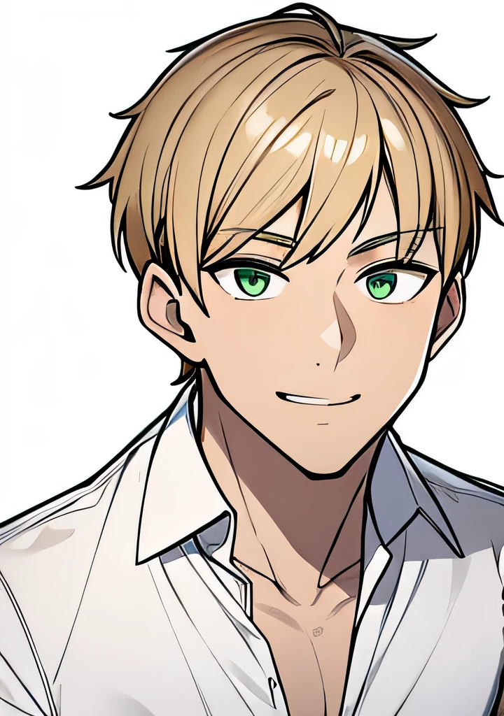 One young Adult male, brownish tanned skin, handsome, dirty blonde short hair, green eyes, confident yet kind expression, smug smile, wearing white collared shirt and black jacket, portrait style, facing forwards, plain grey background 