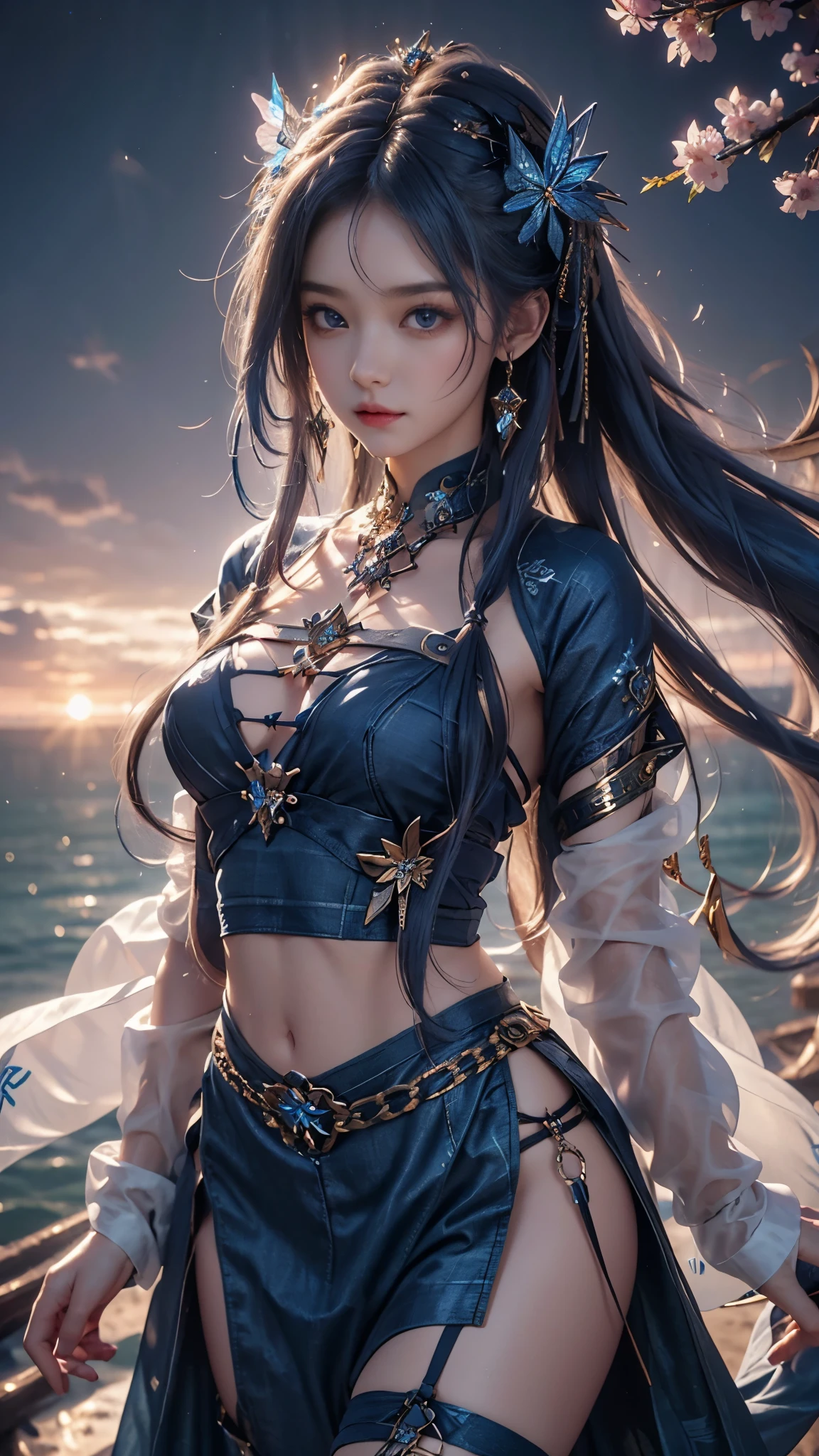 8K, ultra hd, masterpiece, hd colors, 1 girl, perfect face, very long curly hair, detailed eyes, Metallic clothing, ((indigo clothing:1.5)), stocking, ((criss-cross lace)), long sardine, straps, Pendant, net clothing, loops, hip cape, ((chain)), wings, bare waist, jwellery, ornaments, waterside, Realistic scenery, epic scenery, sun rising, evening, clouds, Butterfly, cherry blossom, flowing wind, front body pose,