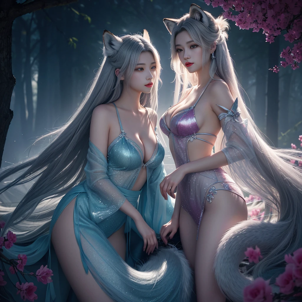 dress with puffy shoulders,17 age, 2girls, Beautiful breasts, Beautiful ,(tmasterpiece:1.2),beautifuldetails,highly colorful,exquisitedetails,The delicate face of,eyes with brightness,The details are complex,Realiy,Ultra photo realsisim,A very beautiful girl and a gray-haired fox sat on a branch:1.1,Large breasts,Raised sexy,seductiv,Ethereal fox,Nine-Tailed Fox,Fox three-tailed fox,onmyoji detailed art,Nine Tails,a beautiful artwork illustration,a mythical creature,Red fox,beautiful digital works of art,Exquisite digital illustration,Mizutsune , Inspired by the mythical creature Wild Net,digital art on pixiv,strong lights,highly contrast,Horror movie themes,Dark atmosphere,The art of fine arts,Perfect visual composition。