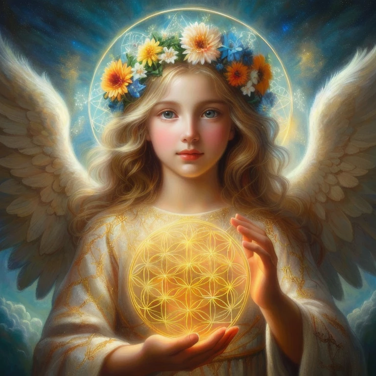 Painting of a young angel holding the flower of life, Glowing angel being, ethereal being of light, Beautiful angel, of Beautiful angel, Angel's Light, portrait of a Beautiful angel, Angel Halo, of an Beautiful angel girl, Beautiful angel girl portrait, Beautiful woman angel, Angelic purity, Lots of angel pictures, Angelic Spirit Guidance, Marie Angel,