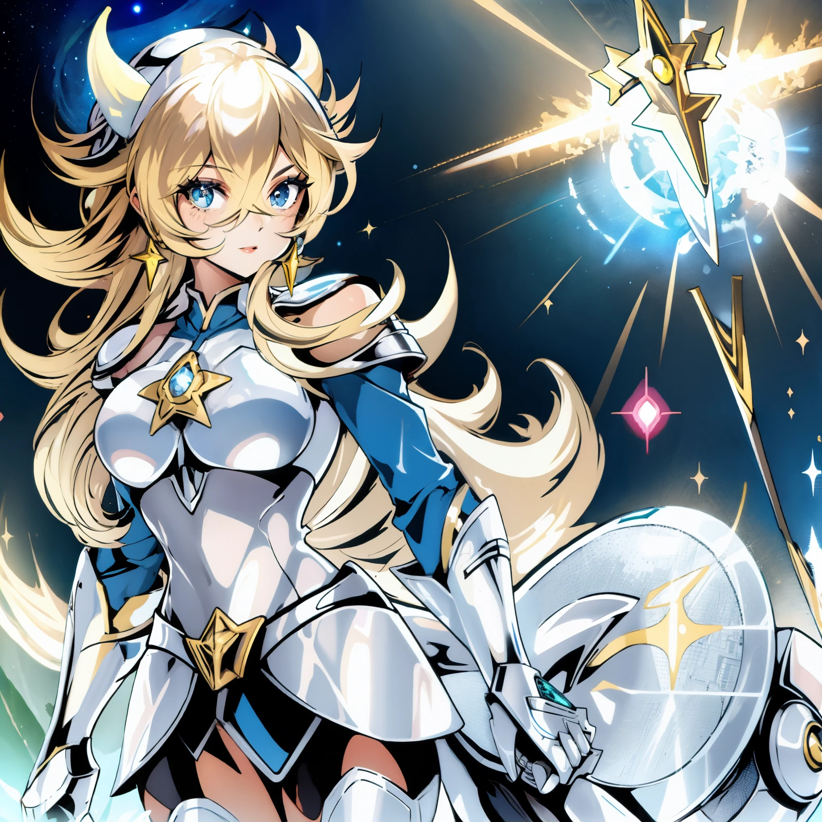 Rosalina wearing pegasus armor from CDZ, Pegasus armor from Saint Seiya, white armor, Rosalina perfect face, perfect pegasus armor, red t shirt under armor, long cleavage, simple pegasus armor, standing and simple pose, hair over one eye, simple background, night sky, movie ilumination, holding down pegasus helmet