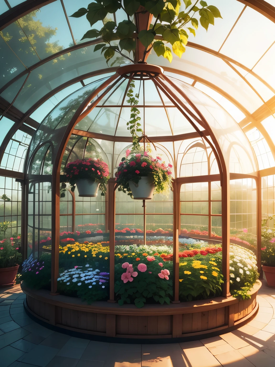 greenhouse, round interier, full of bloomed flowers, small trees, ultra detailed, high quality, 8k resolution