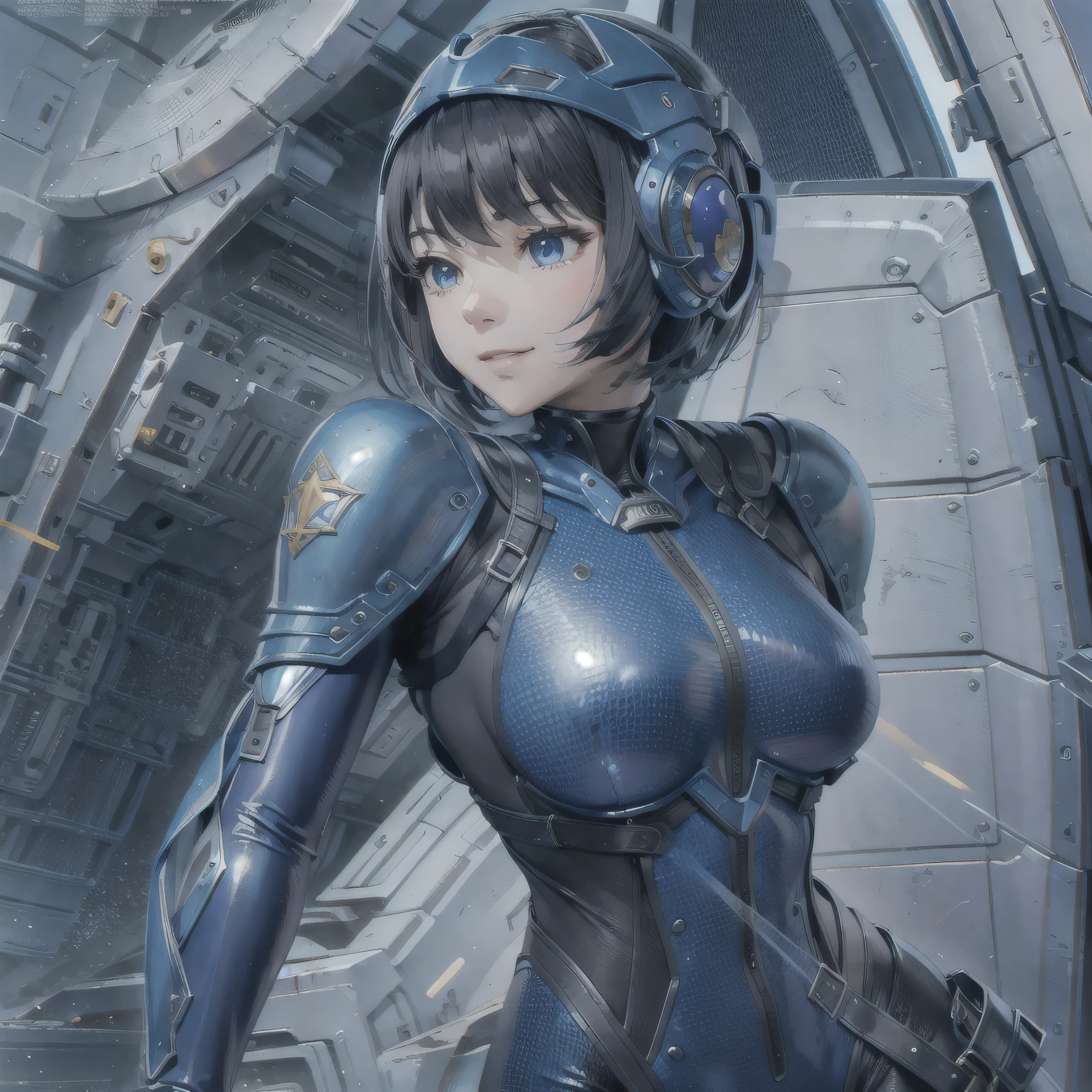 (masterpiece、highest quality、Highest Resolution、Clear_image、Detailed details、Angle from above): (Whole body、One 20 year old girl、Japanese Faces、Small Face、Slender、Navy blue super short bob cut hair、(Hidden small breasts:1.3)、Sparkling blue eyes、Shiny pilot suit in blue and black colors、Chest protection armor、Tight fitting clothes、Clothing that covers the whole body、Glamorous clothes、Tight Fit Pants、Hide your skin、Very delicate and beautiful、Detailed Skin、hide thighs、Hide your ass、Cute、A gentle smile、Soft expression、heroine、headset、Knee-high boots、Elbow-length gloves、Eye Level Shot、Face directly、Woman on a spaceship)