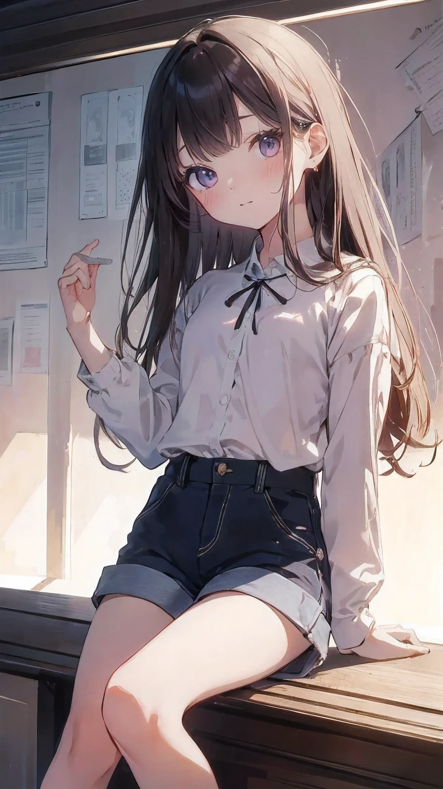 Masterpiece、Highest quality、highest quality、(((Lori)))、 ((Petite))、Shiny hair quality、Small face、Sitting、Super detailed, beautiful, wide eyes、Ultra-detailed, clear and beautiful faces、(cute illustration:1.2), High-resolution, ultra-detailed, best quality, embarrassed 、(Gaps in shorts).
