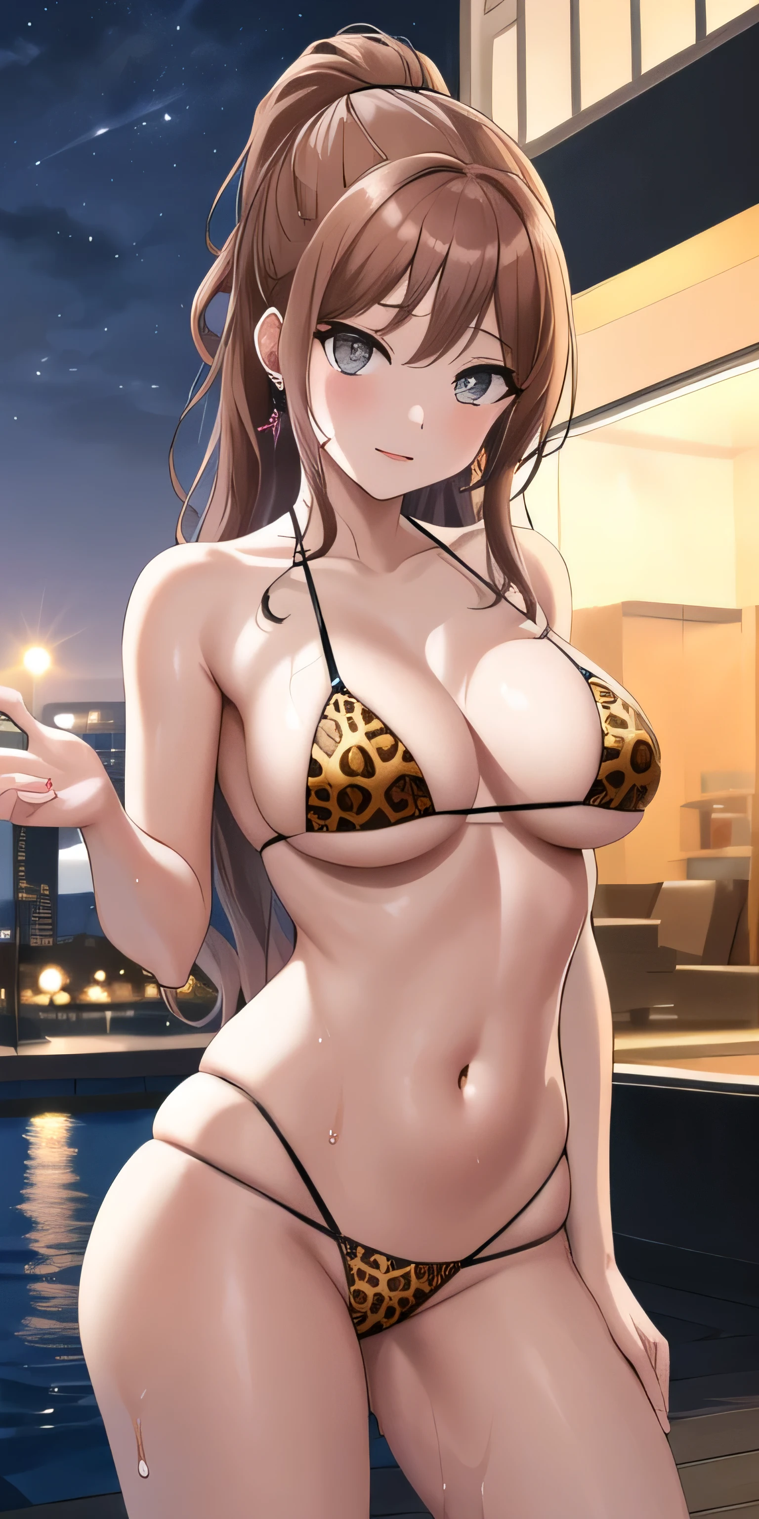 masterpiece, highest quality, High resolution, Arisa, Long Hair, ponytail, Grey Eyes, Earrings, leopard print metallic micro bikini, Wet, city, night, sad, Outdoor