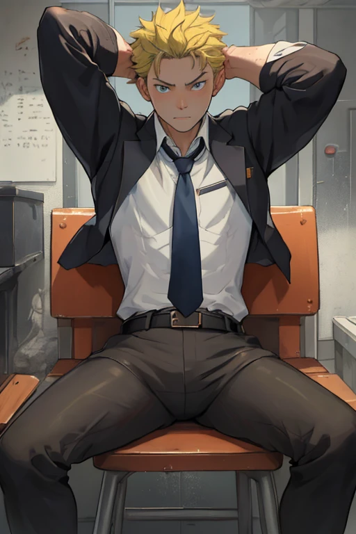 （1 Adult male），A high resolution， Sharp focus， Pixiv masterpiece， （（Complicated details））， highly  detailed， natsuki_subaru， 1 man，sit astride， Lazy，CRIT，full bodyesbian，Stretch out， blue color eyes（eyes glowing）， Short yellow hair，white  shirt，Wear a tie，Wear a belt，perspire，rain，Drenched，Sweaty crotch，look from down