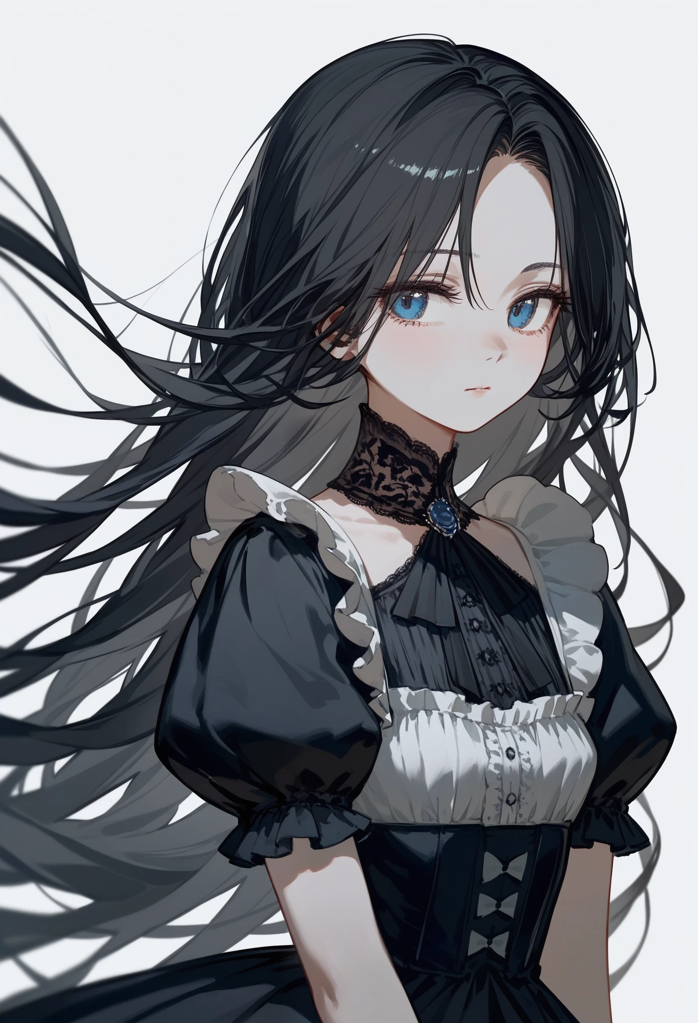 masterpiece, best quality, upper body, (score_9, score_8_up, score_7_up), 1girl, solo, black hair, very long hair, parted bangs, dark blue eyes, teen, innexpressive, pale skin, small breasts, standing, upper body, victorian fashion, black dress, frilled dress, short sleeves, white background, best quality