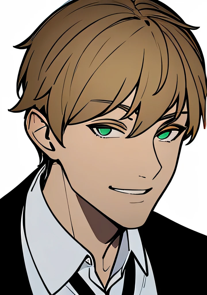 One young Adult male, brownish tanned skin, handsome, dirty blonde short hair, green eyes, confident yet kind expression, smug smile, wearing white collared shirt and black jacket, portrait style, facing forwards, plain grey background 