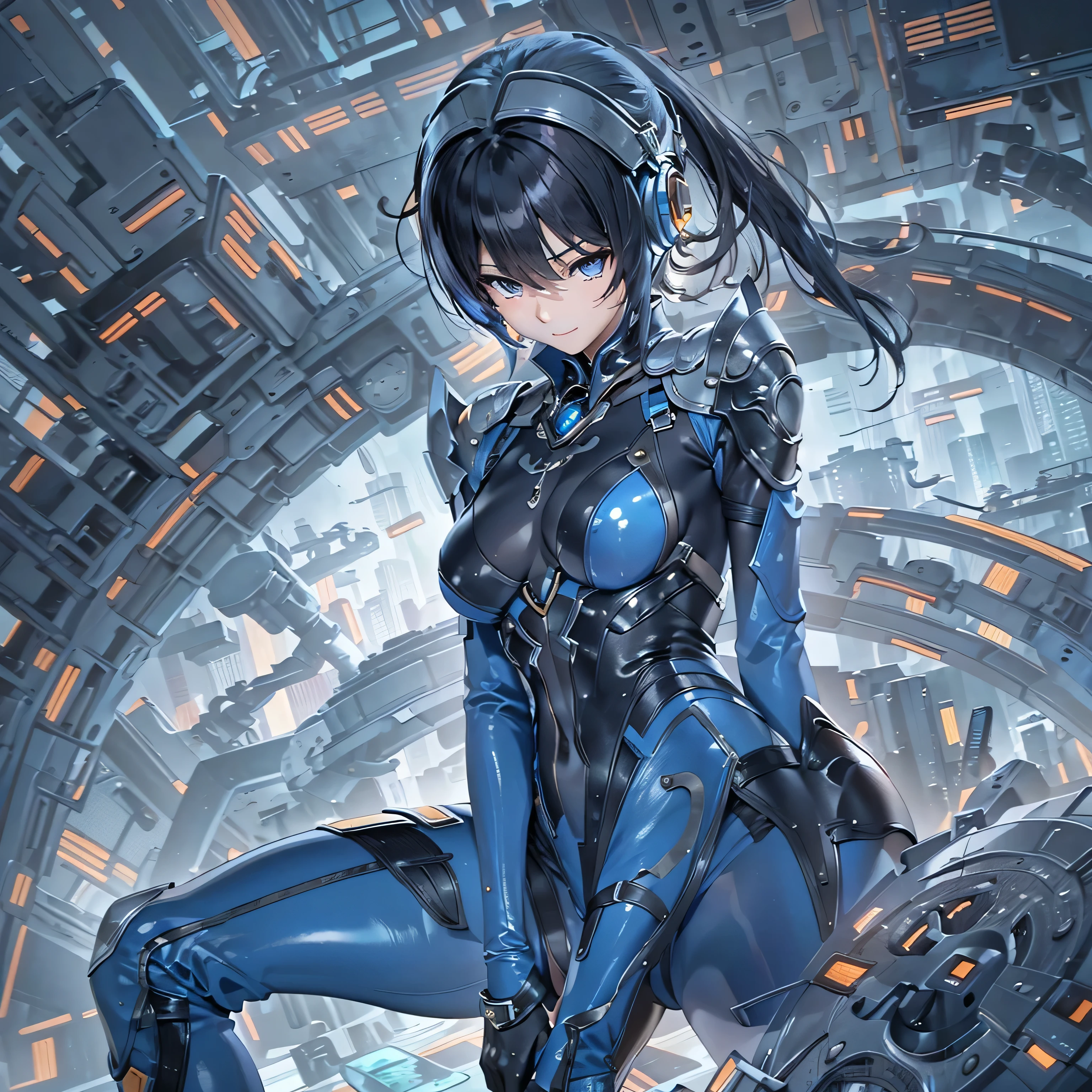 (masterpiece、highest quality、Highest Resolution、Clear_image、Detailed details、Angle from above): (Whole body、One 20 year old girl、Japanese Faces、Small Face、Slender、Navy blue super short bob cut hair、(Hidden small breasts:1.3)、Sparkling blue eyes、Shiny pilot suit in blue and black colors、Chest protection armor、Tight fitting clothes、Clothing that covers the whole body、Glamorous clothes、Tight Fit Pants、Hide your skin、Very delicate and beautiful、Detailed Skin、hide thighs、Hide your ass、Cute、A gentle smile、Soft expression、heroine、headset、Knee-high boots、Elbow-length gloves、Eye Level Shot、Face directly、Woman on a spaceship)