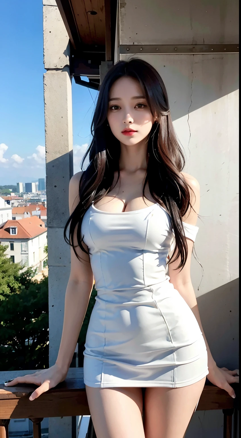 （realistically， High resolution;：1.3）， 1 fille avec un corps parfait， super fine affronter and eyes，cheveux longs et blancs， 1.2, To L&#39; in broadway， （Geai eurasien：1.5）, chef-d&#39;artwork， best quality， Photo brute， realistically， affronter， Résolution incroyablement ridicule， profondeur de champs， High resolution;， ultra-detailed， fine detail， very very detailed， extremely detailed eyes and affronter， pupilles pointues， Student Realist， Effacer le verrouillage de la mise au point， Cinematographic lighting, tout le corps, jolies jambes, long hair, outside on the terrace