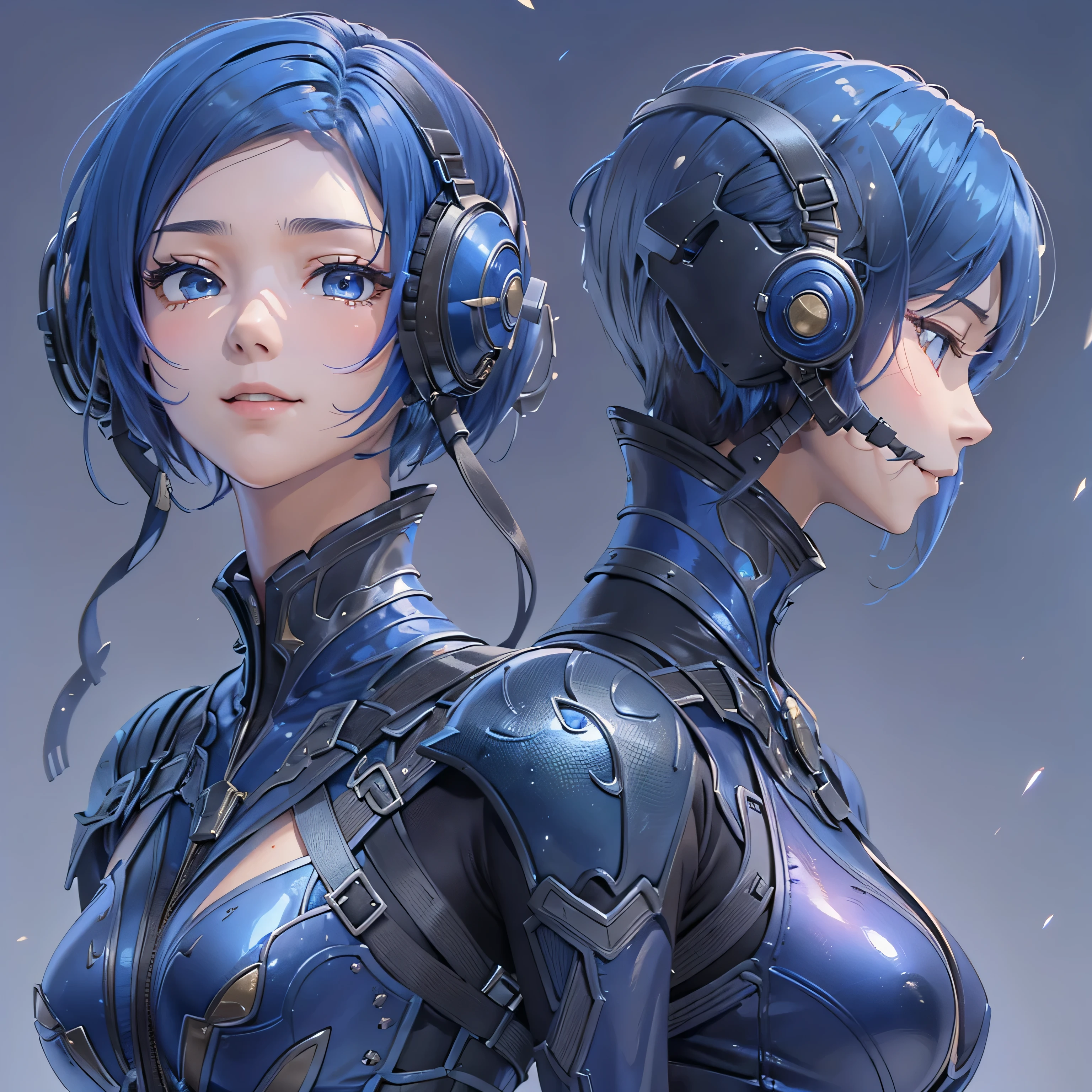 (masterpiece、highest quality、Highest Resolution、Clear_image、Detailed details、Angle from above): (Whole body、One 20 year old girl、Japanese Faces、Small Face、Slender、Navy blue super short bob cut hair、(Hidden small breasts:1.3)、Sparkling blue eyes、Shiny pilot suit in blue and black colors、Chest protection armor、Tight fitting clothes、Clothing that covers the whole body、Glamorous clothes、Tight Fit Pants、Hide your skin、Very delicate and beautiful、Detailed Skin、hide thighs、Hide your ass、Cute、A gentle smile、Soft expression、heroine、headset、Knee-high boots、Elbow-length gloves、Eye Level Shot、Face directly、Woman on a spaceship)