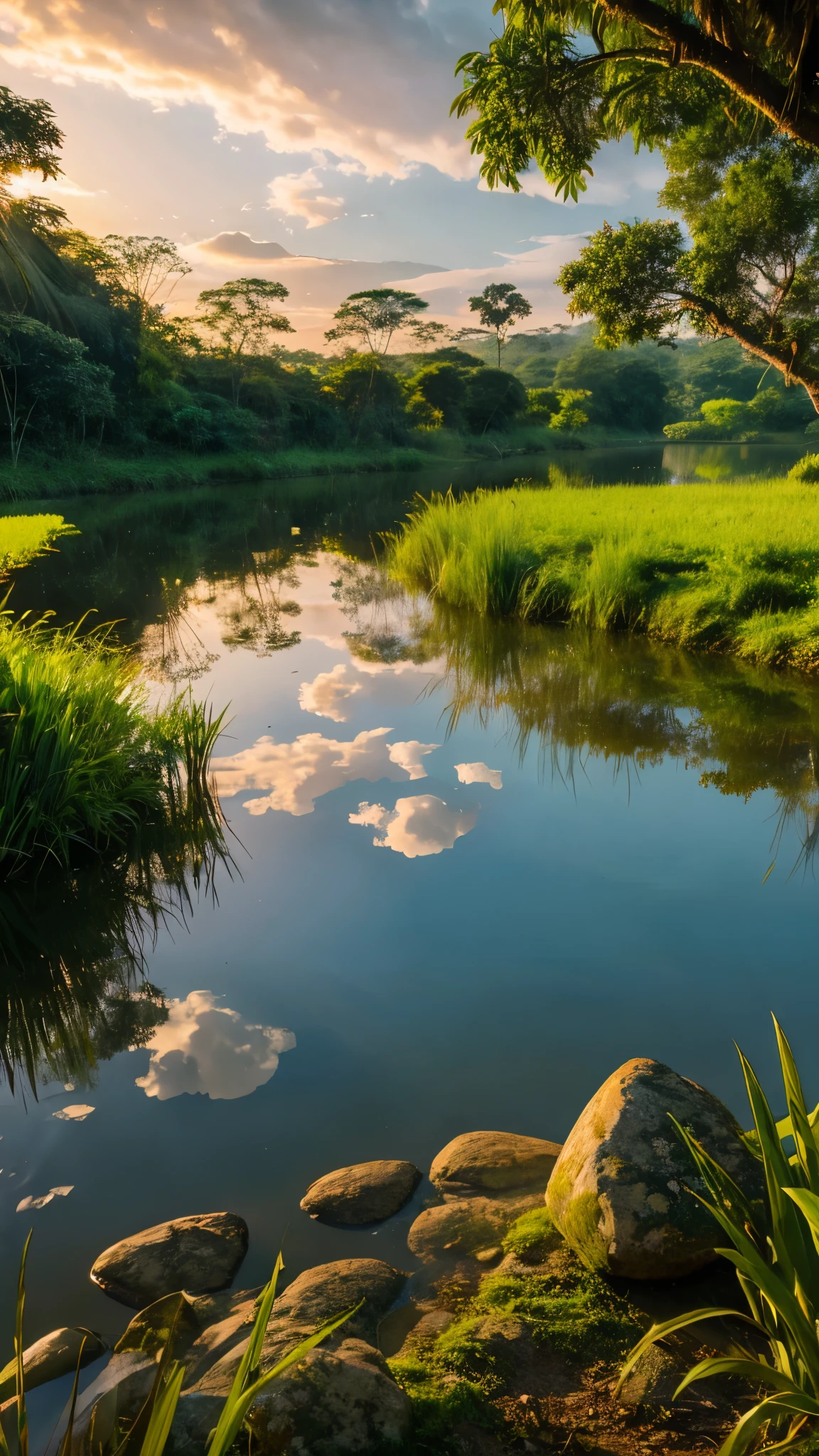 Depicting a mysterious river in the Amazon forest、Ultra-realistic and highly detailed beautiful masterpiece, With the setting sun, 