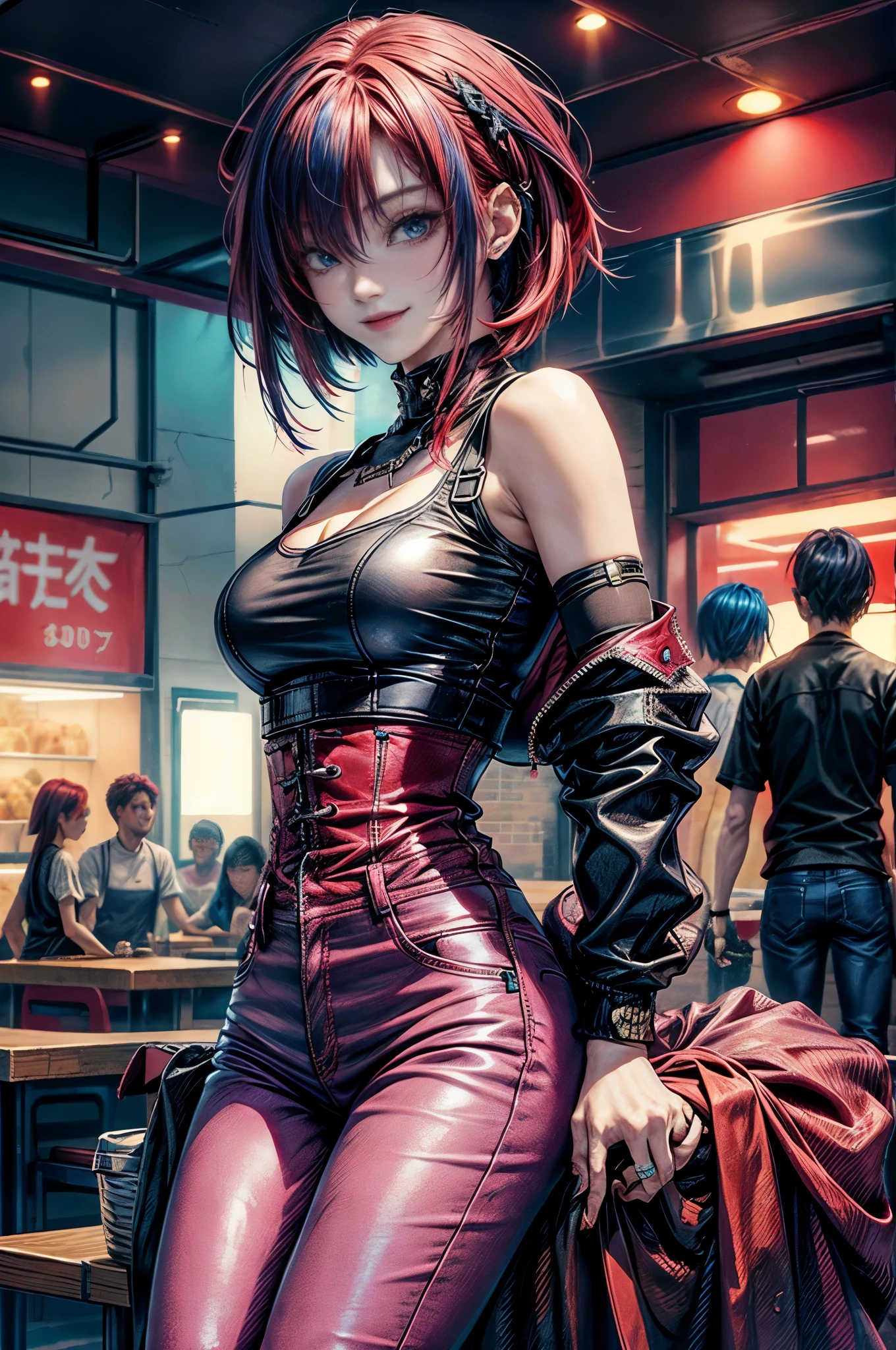 Cinema Lighting、highest quality,Cyberpunk World、1 female、Black Theme、(20-year-old beauty、Normal chest、Slender body、blue eyes)(Beautiful red hair、Medium Bob Hairstyles:1.3)(smile:1.2)、BREAK(fake leather tee,with Pink jeans and vibrant sneakers:1.0), break、 （Close-up:1.2）(Company cafeteria:1.5)（Sit on a chair:1.2）