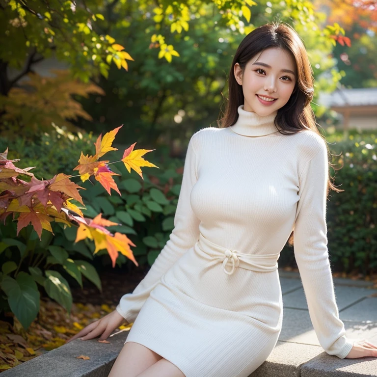 (The Ultimate Beautiful Japan Woman)、Mature、Delicate facial features、(Big eyes:1.2), Brown-eyed、Smooth brunette、(large full breasts)、(thin-waist), (Curve), (grin)、cparted lips, Beautiful teeth alignment, red blush, a captivating gaze、thighs thighs thighs thighs、Fashion outfits decorated with fine patterns, A sexy, turtleneck dress, professionattire、(Background with: Beautiful garden with autumn leaves)、Standing Sexy Pose、Realistic backgrounds and accessories、((Cowboy Shot))、(Advanced depth of field)、((masterpiece))、((top-quality))、a picture、Realisticity、Photorealsitic、high-level image quality、ultra-detailliert、Realistic lighting, realisitic