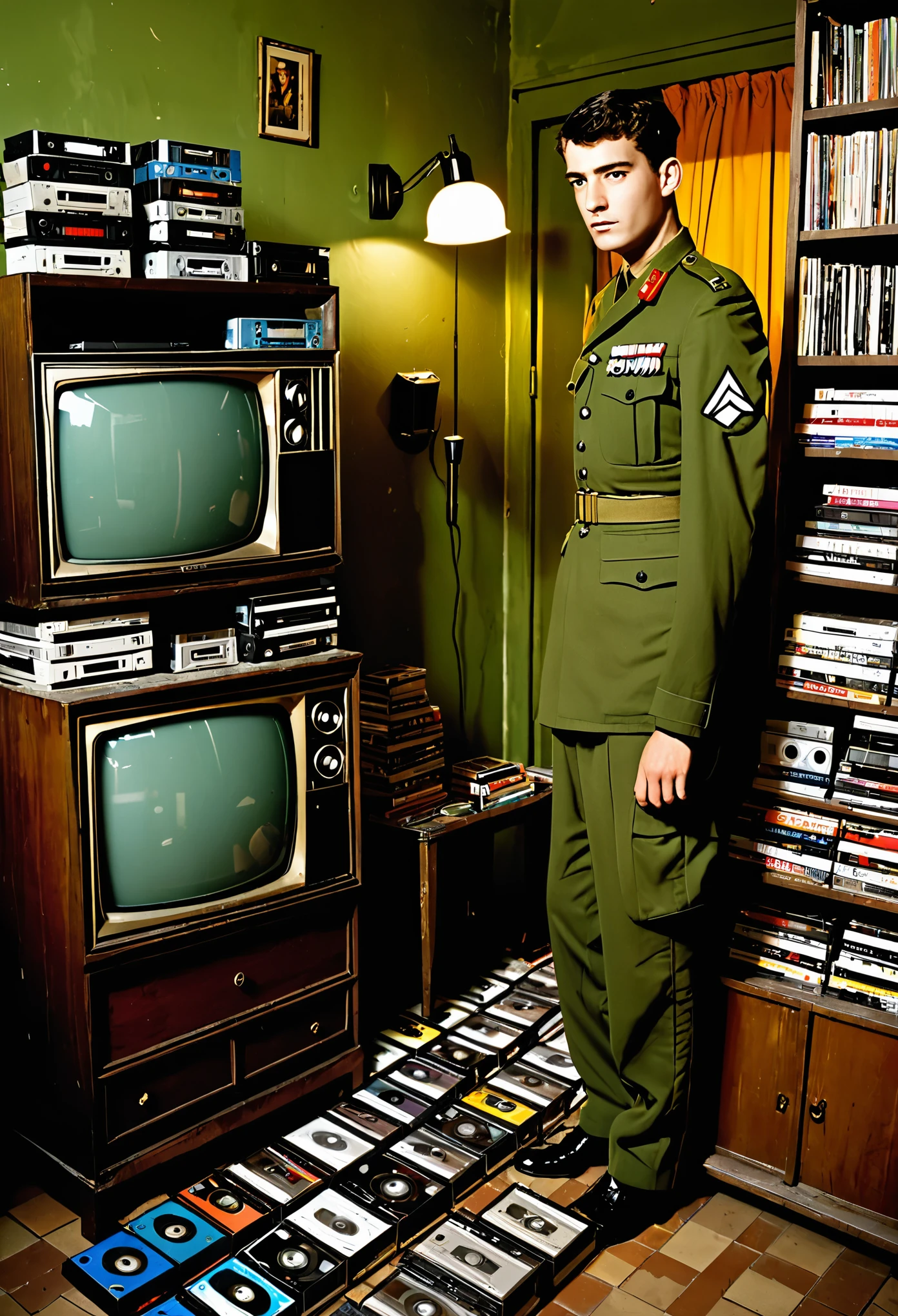 une chambre sombre et en bazar, il y a des DVD et des cassettes partout, an old television is on in the background, un jeune homme habillé en tenue militaire est debout au milieu les bras croisés
