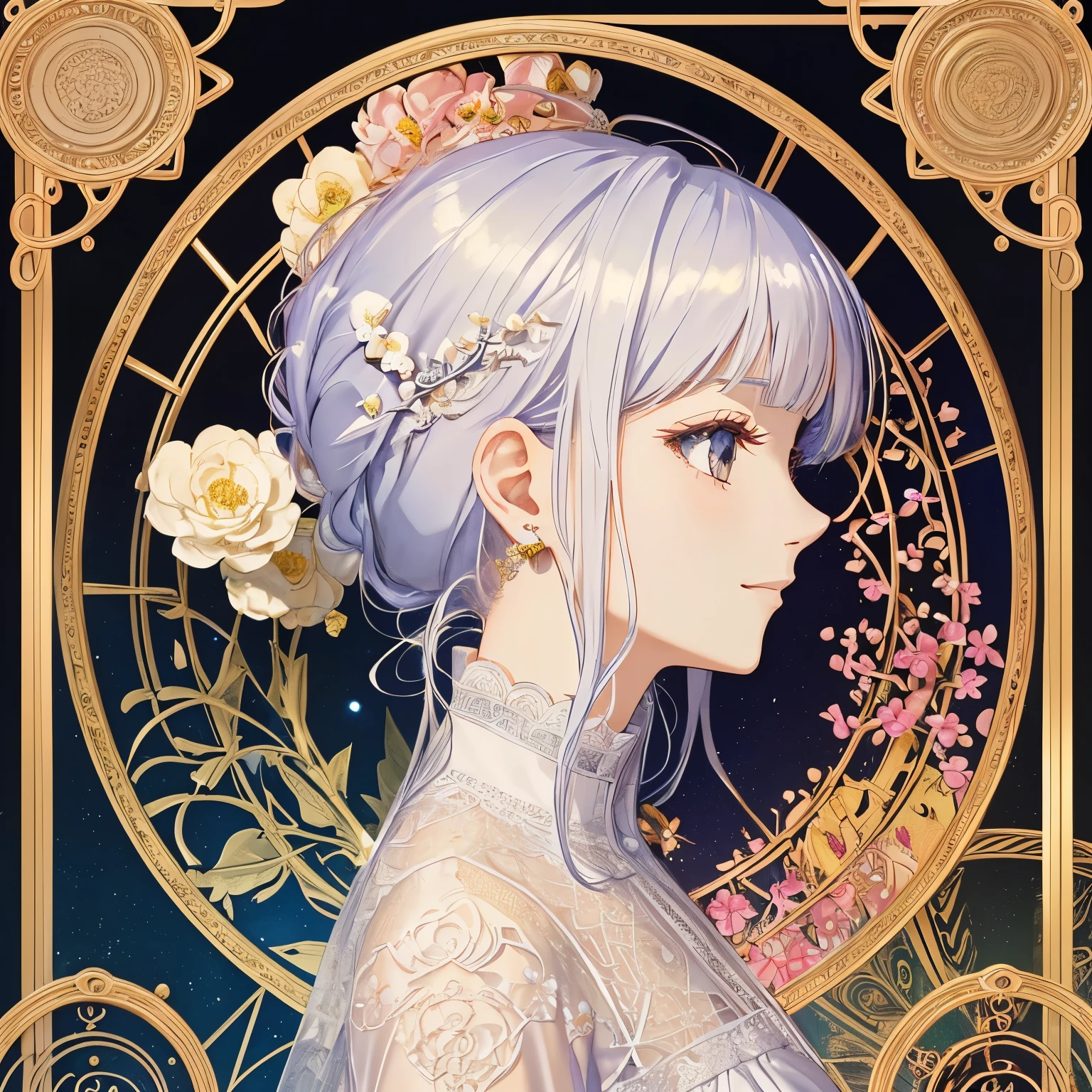 (masterpiece、highest quality、highest quality、Beautiful and aesthetic:1.2)、(1 Female:1.3)、(Fractal Art:1.3)、Delicate lace clothing、Round Picture Frame、Flowers and Gemstones、Platinum hair ornament、Geometric pattern、Marble hair、profile、A slight smile、Face is close