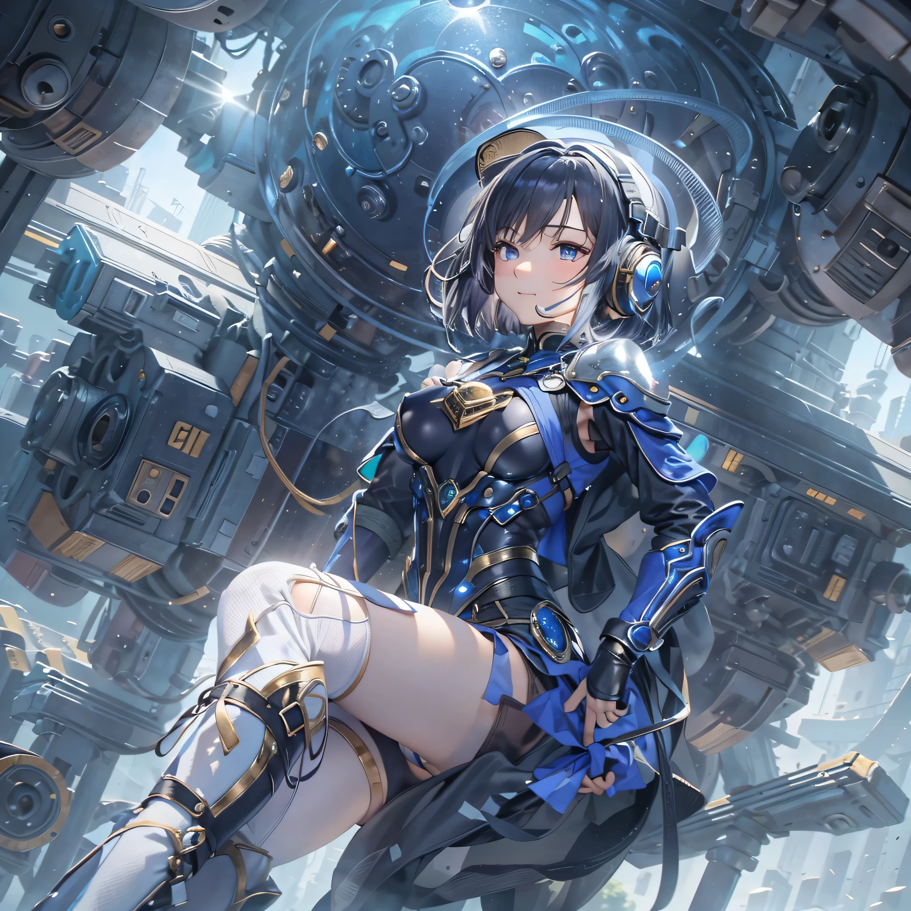 (masterpiece、highest quality、Highest Resolution、Clear_image、Detailed details、Angle from above): (Whole body、One 20 year old girl、Japanese Faces、Small Face、Slender、Navy blue super short bob cut hair、(Hidden small breasts:1.3)、Sparkling blue eyes、Shiny pilot suit in blue and black colors、Chest protection armor、Tight fitting clothes、Clothing that covers the whole body、Glamorous clothes、Tight Fit Pants、Hide your skin、Very delicate and beautiful、Detailed Skin、hide thighs、Hide your ass、Cute、A gentle smile、Soft expression、heroine、headset、Knee-high boots、Elbow-length gloves、Eye Level Shot、Face directly、Woman on a spaceship)