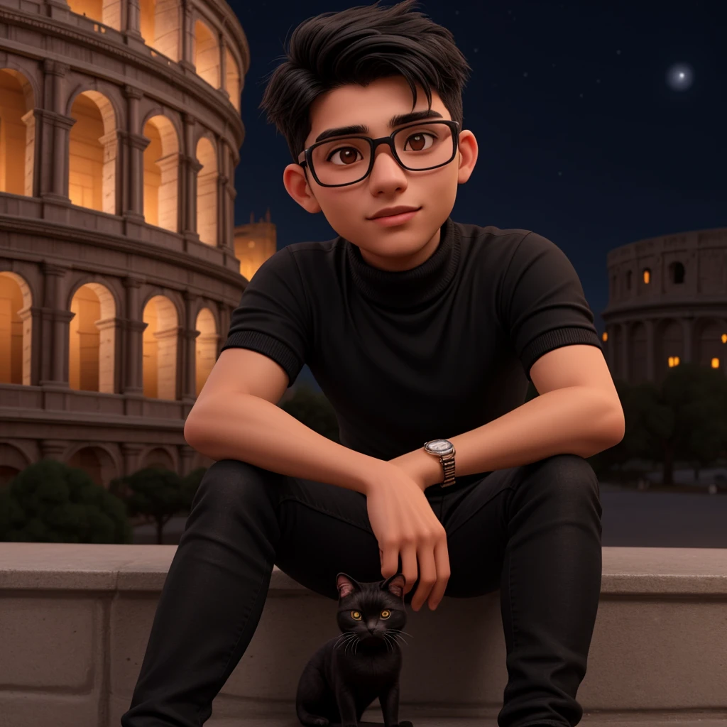 A young peruvian man of 20 years old, with black disheveled hair, lentes cuadrados, cute square face, boxy face, and brown eyes, wearing black turtleneck, black jeans. He is sitting alone holding one small black cat at night with the Roman Coliseum in the background. 3d cartoon