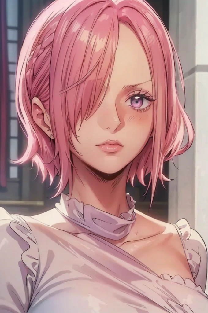 (((masterpiece))), (((best quality))), ((ultra-detailed)), (highly detailed CG illustration), vinsmoke reiju, , (masterpiece:1.5), Detailed Photo, Sexy, (Best Quality: 1.4), (1girl), Beautiful Face, (Pink Hair, short Hair: 1.3), Beautiful Hairstyle, beautiful detail eyes, (realistic skin), beautiful skin, absurd, attractive, ultra high resolution, high definition, (sexually aroused:1.5), Pinkish white skin, cool white light, sexy pose, Beautiful , white background, pink soft white light, Wear a white dress, (Hair covering right eye:1.5), 