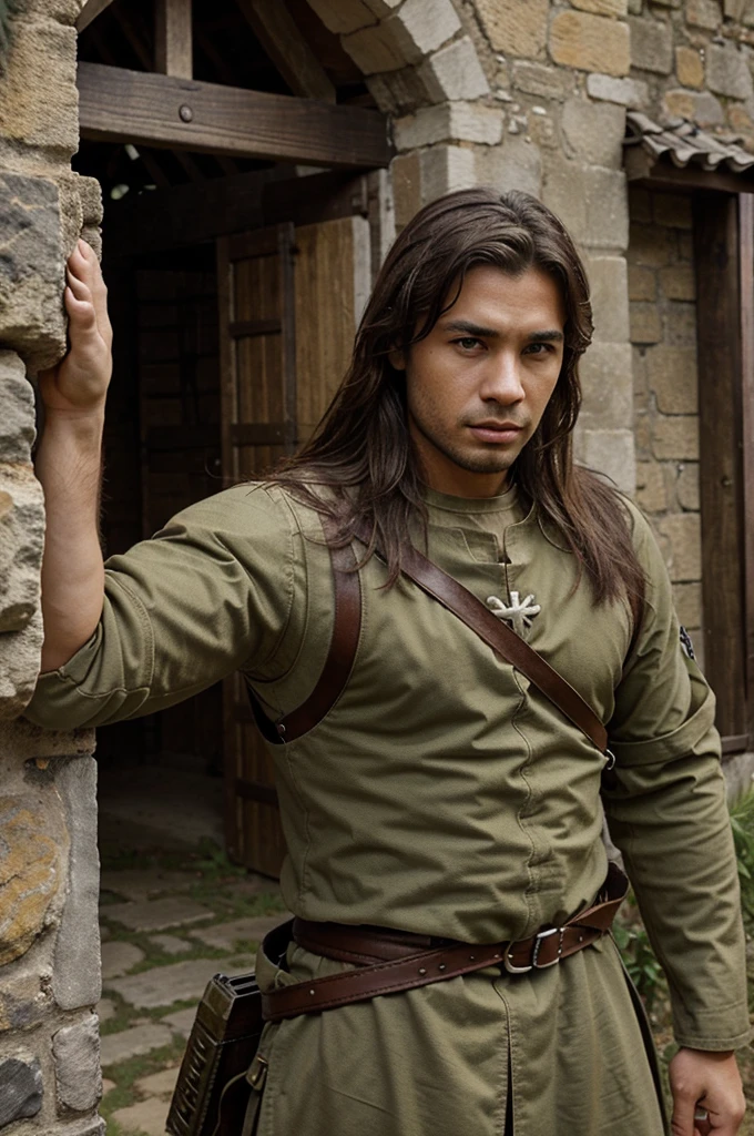 Crie uma imagem de um guerreiro medieval.
He is in a village