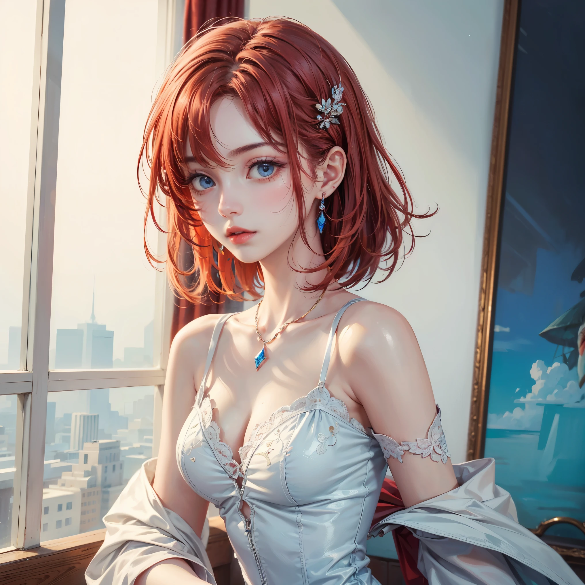 an extremely cute and delicate girl, she has short messy red hair, dreamy blue eyes, wearing a white dress, extremely detailed, extremely realistic, best quality, perfect, masterpiece