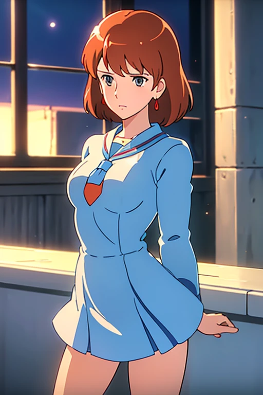 (masterpiece, highest quality, High resolution, Anime screenshots, Anime Color, 8k, Realistic), High School Girl Nausicaa, very cute, Sad expression, beautiful girl, clear, , alone, Brown Hair, short hair, Red Gem Earrings, Loneliness, Secret Feelings, (Looking at the audience), Cleavage, (High School Girl Uniform, mini skirt), Perfect beauty, School classroom, (Perfectly detailed anatomy, Beautiful and elaborate face&eye:1.5, Shiny skin, Perfect body)、White underwear、I want to see the whole body