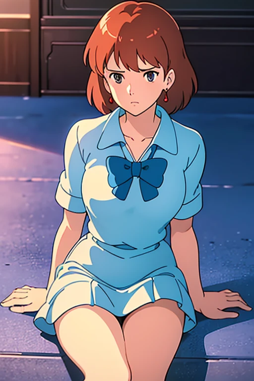 (masterpiece, highest quality, High resolution, Anime screenshots, Anime Color, 8k, Realistic), High School Girl Nausicaa, very cute, Sad expression, beautiful girl, clear, , alone, Brown Hair, short hair, Red Gem Earrings, Loneliness, Secret Feelings, (Looking at the audience), Cleavage, (High School Girl Uniform, mini skirt), Perfect beauty, School classroom, (Perfectly detailed anatomy, Beautiful and elaborate face&eye:1.5, Shiny skin, Perfect body)、White underwear、I want to see the whole body