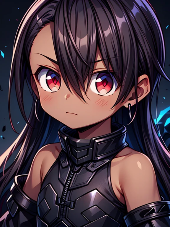 Masterpiece High res, high definition, (((dark skin tone))),dark skin male, dark skin, cute shota,red eyes, dark brown hair, medium dark brown hair,wearing a black exoskeleton, detached sleeves, black armoured Gauntlets, black tech jacket, black bodysuit,black exoskeleton, black fingerless gloves, blue gems, close up