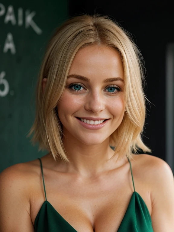 une photo en gros plan du haut du corps sombre;une blonde aux yeux parfaits vert, SOURIRE, Dark and realistic background ,French ,mode qui regarde en face