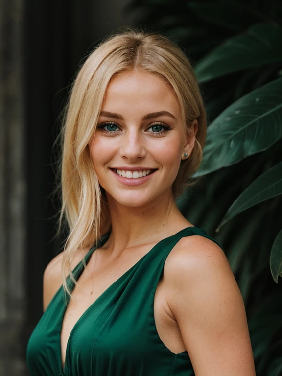 une photo en gros plan du haut du corps sombre;une blonde aux yeux parfaits vert, SOURIRE, Dark and realistic background ,French ,mode qui regarde en face 