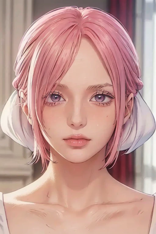 (((masterpiece))), (((best quality))), ((ultra-detailed)), (highly detailed CG illustration), vinsmoke reiju, (nsfw:1.4), (masterpiece:1.5), Detailed Photo, Sexy, (Best Quality: 1.4), (1girl), Beautiful Face, (Pink Hair, short Hair: 1.3), Beautiful Hairstyle, beautiful detail eyes, (realistic skin), beautiful skin, absurd, attractive, ultra high resolution, high definition, (sexually aroused:1.5), Pinkish white skin, cool white light, sexy pose, Beautiful , white background, pink soft white light, Wear a white dress, (Hair covering right eye: 1.5), wife, incoming face, kissing camera