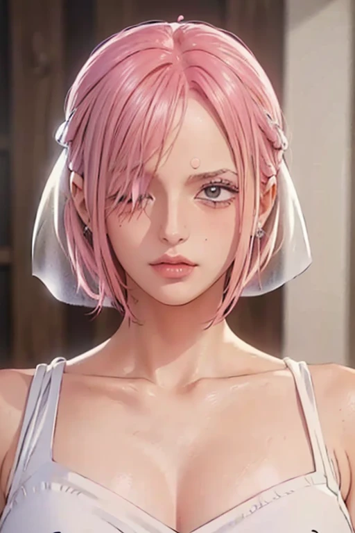 (((masterpiece))), (((best quality))), ((ultra-detailed)), (highly detailed CG illustration), vinsmoke reiju, , (masterpiece:1.5), Detailed Photo, Sexy, (Best Quality: 1.4), (1girl), Beautiful Face, (Pink Hair, short Hair: 1.3), Beautiful Hairstyle, beautiful detail eyes, (realistic skin), beautiful skin, absurd, attractive, ultra high resolution, high definition, (sexually aroused:1.5), Pinkish white skin, cool white light, sexy pose, Beautiful , white background, pink soft white light, Wear a white dress, (Hair covering right eye: 1.5), 