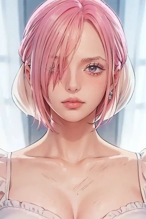 (((masterpiece))), (((best quality))), ((ultra-detailed)), (highly detailed CG illustration), vinsmoke reiju, , (masterpiece:1.5), Detailed Photo, Sexy, (Best Quality: 1.4), (1girl), Beautiful Face, (Pink Hair, short Hair: 1.3), Beautiful Hairstyle, beautiful detail eyes, (realistic skin), beautiful skin, absurd, attractive, ultra high resolution, high definition, (sexually aroused:1.5), Pinkish white skin, cool white light, sexy pose, Beautiful , white background, pink soft white light, Wear a white dress, (Hair covering right eye: 1.5), 