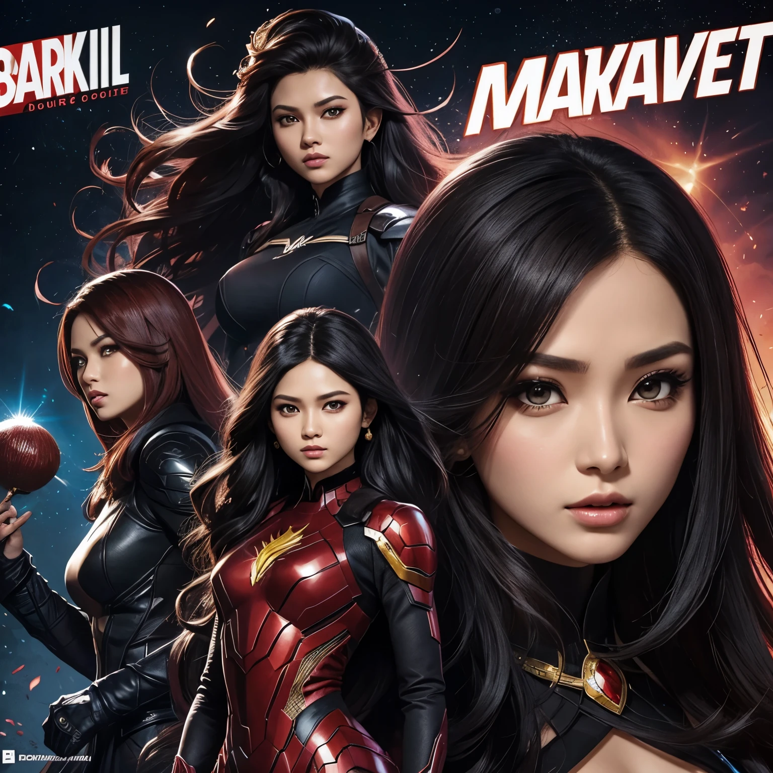 Seorang perempuan muda. rambutnya berwarna hitam, berparas cantik, berkulit coklat, bermata merah. memegang (benda) yang besar dan berapi. berlatar belakang kerajaan dan beberapa orang kerajaan ditemani dengan rusa bermata merah, marvel comics art style