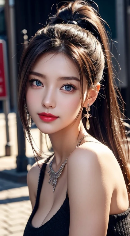 Urban fair girl college student, masterpiece, Light makeup, Red lips, Silver Hair, Messy long hair, Street background, fair, elegant. Super fine details, masterpiece, Real texture, Movie-level lighting realism, Perfect job, 16K, HD, Exquisite features,blue eyes、Japanese Idol、Pretty Face、Lovely smile、Brown hair、fair hair、Ponytail、Glamorous、 Large Breasts、stand erect、Oily muscles、Glowing skin、Tanned skin、black glowing skin、Sexy knitted sweater, Big bright eyes, Smooth skin, earrings, necklace, Tattoo