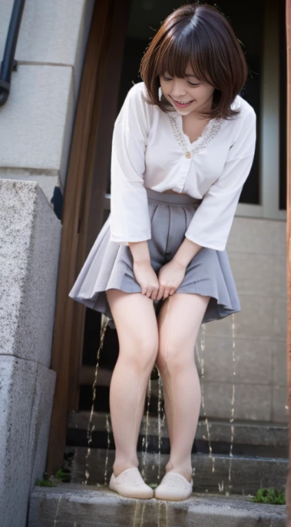 Japanese、(masterpiece, 16k,8k,4K ,Very detailed:1.1),(Beautiful Face:1.1),(One Girl:1.1),Age 25,(urination:1.4),(Embarrassing:1.2), slightly plump figure、Center of chest、Protruding nipples、Provocative, Fluffy light grey mini skirt,Cosplay、 pantyhose, Beautiful woman、Japaneseの女性、Peeing on your own, Wet clothes, A face that can't stand pee, Desperately Wet, Pee despair pose, Her body is'I can't hold my pee、peeing in the middle of town。, Pee running down her legs, stand up, Hyper pee desperate face, Big pee poodle、Look at me and smile、Troubled face、Troubled face、High resolution、(Wet skirt changes color:1.3)、I want to pee