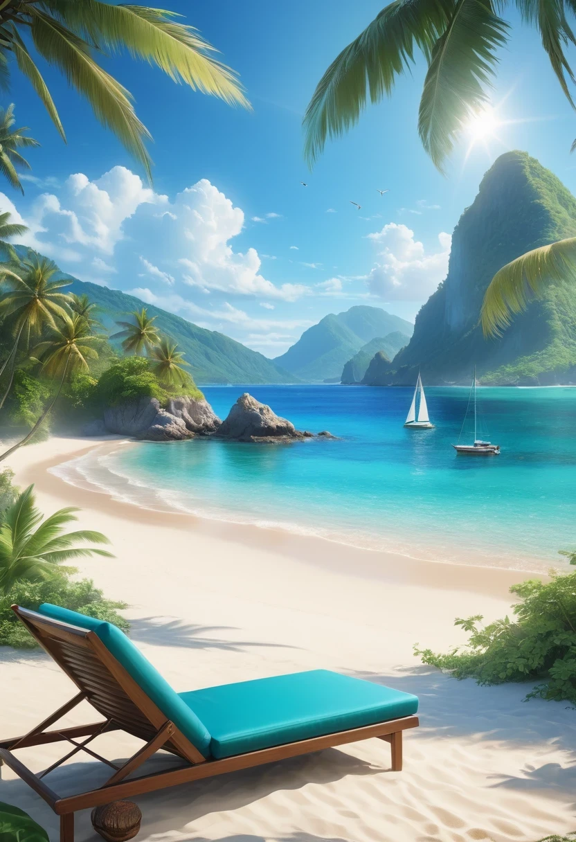 best quality,4k,8k,highres,masterpiece:1.2,ultra-detailed,realistic:1.37,beach,blue-coastline,turquoise waters,white sandy beach,clear blue skies,gentle waves,scenic view,ocean breeze,palm trees,warm sunshine,lush greenery,tropical paradise,island getaway,sun-kissed skin,relaxation,tranquility,serene atmosphere,crystal clear water,swaying coconut trees,seagulls soaring,footprints in the sand,seashells,coral reefs,coastal cliffs,immaculate scenery,glistening reflections,perfect beach day,peaceful retreat,coastline paradise,floating sailboats,beach chairs,distant horizon,secluded oasis,harmony with nature,refreshing swim,unspoiled beauty,blissful tranquility,beauty of the ocean,heaven on earth