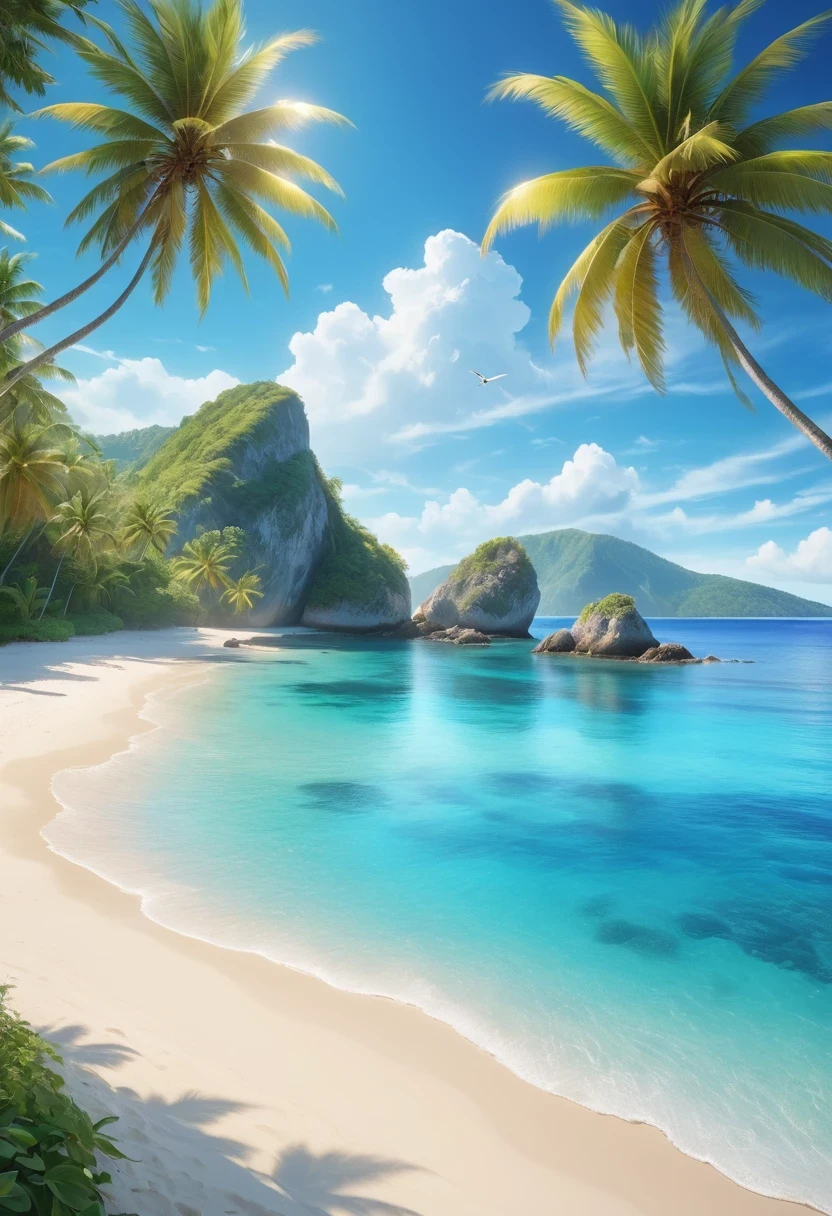 best quality,4k,8k,highres,masterpiece:1.2,ultra-detailed,realistic:1.37,beach,blue-coastline,turquoise waters,white sandy beach,clear blue skies,gentle waves,scenic view,ocean breeze,palm trees,warm sunshine,lush greenery,tropical paradise,island getaway,sun-kissed skin,relaxation,tranquility,serene atmosphere,crystal clear water,swaying coconut trees,seagulls soaring,footprints in the sand,seashells,coral reefs,coastal cliffs,immaculate scenery,glistening reflections,perfect beach day,peaceful retreat,coastline paradise,floating sailboats,beach chairs,distant horizon,secluded oasis,harmony with nature,refreshing swim,unspoiled beauty,blissful tranquility,beauty of the ocean,heaven on earth