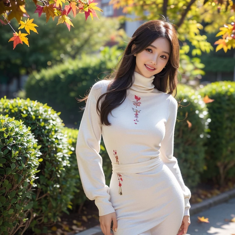 (The Ultimate Beautiful Japan Woman)、Mature、Delicate facial features、(Big eyes:1.3), Brown-eyed、Smooth brunette、(large full breasts)、(thin-waist), (Curve), (grin)、Parted lips, Beautiful teeth alignment, red blush, a captivating gaze、thighs thighs thighs thighs、Fashion outfits decorated with fine patterns, A sexy, ((Colorful turtleneck dress decorated with fine patterns)), professionattire、((Background with: A beautiful garden permeated with autumn leaves))、Standing Sexy Pose、Realistic backgrounds and accessories、((Cowboy Shot))、(Advanced depth of field)、((masterpiece))、((top-quality))、a picture、Realisticity、Photorealsitic、high-level image quality、ultra-detailliert、Realistic lighting, realisitic