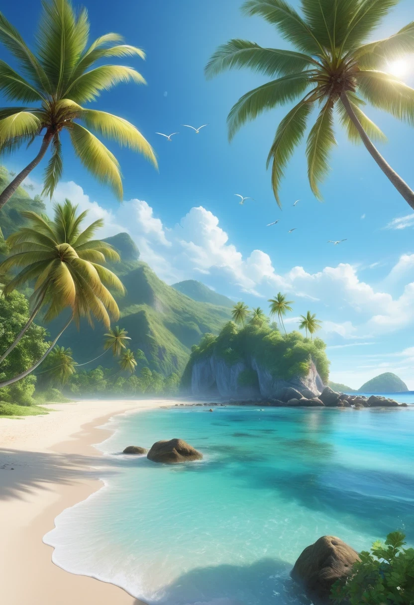 best quality,4k,8k,highres,masterpiece:1.2,ultra-detailed,realistic:1.37,beach,blue-coastline,turquoise waters,white sandy beach,clear blue skies,gentle waves,scenic view,ocean breeze,palm trees,warm sunshine,lush greenery,tropical paradise,island getaway,sun-kissed skin,relaxation,tranquility,serene atmosphere,crystal clear water,swaying coconut trees,seagulls soaring,footprints in the sand,seashells,coral reefs,coastal cliffs,immaculate scenery,glistening reflections,perfect beach day,peaceful retreat,coastline paradise,floating sailboats,beach chairs,distant horizon,secluded oasis,harmony with nature,refreshing swim,unspoiled beauty,blissful tranquility,beauty of the ocean,heaven on earth