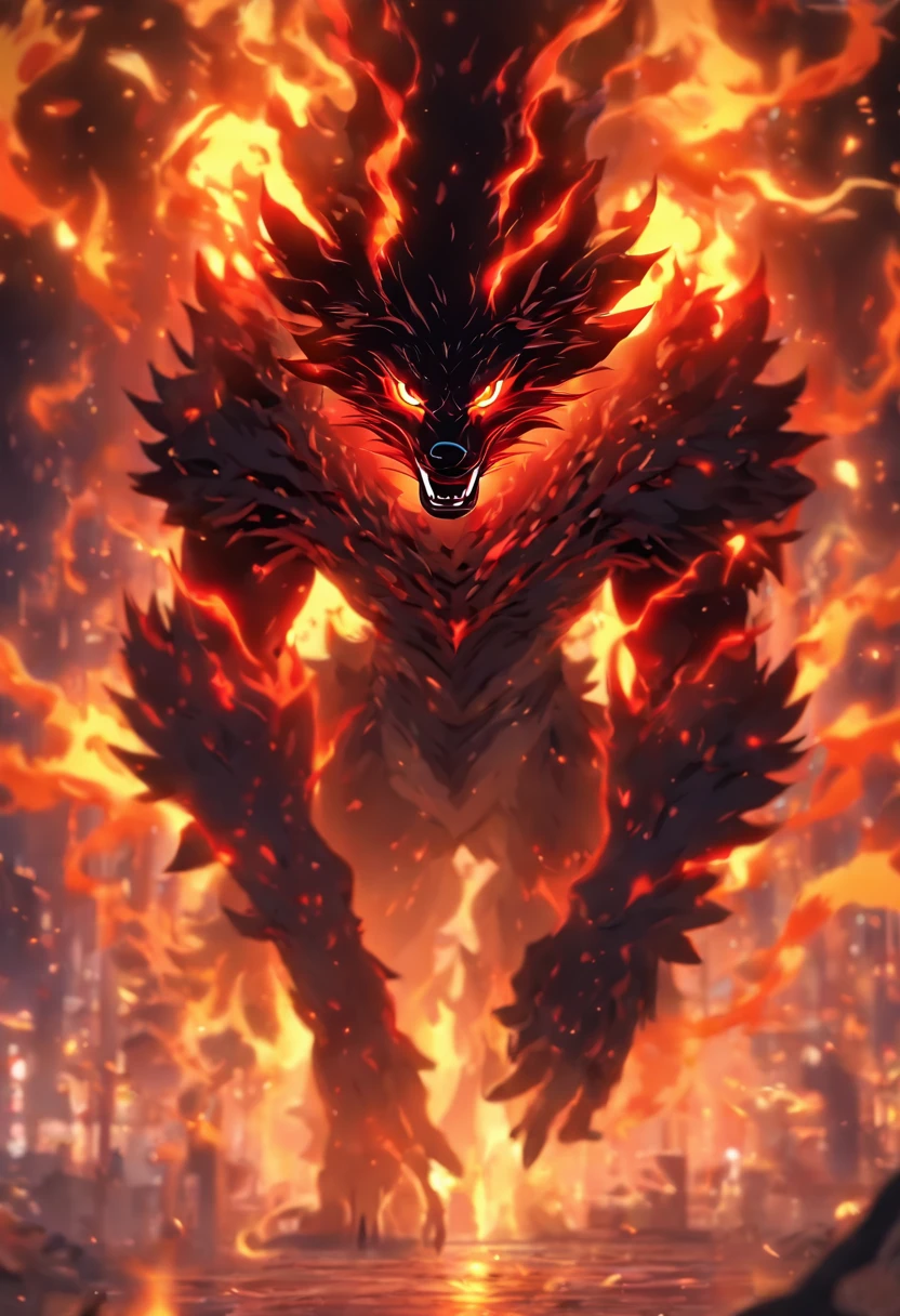 Strange monsters in a fantasy world,Wolf,long canines,strong limbs,surrounded by flames,Blood,covered with thick spikeoon night,Medium shot scene,Looks like a whole body, Highly detailed surreal VFX,oc rendering,Shot with 70mm - AR 16:9 --q 2 --s 1000