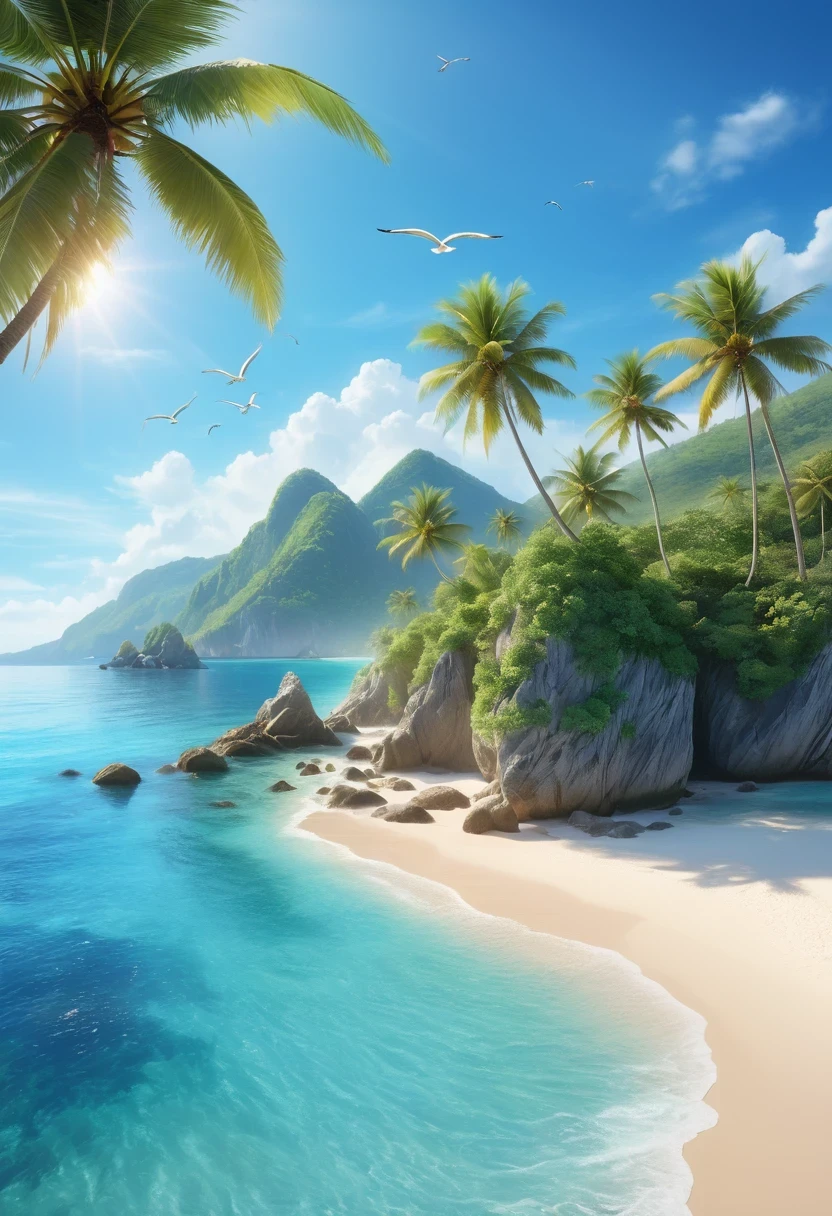 best quality,4k,8k,highres,masterpiece:1.2,ultra-detailed,realistic:1.37,beach,blue-coastline,turquoise waters,white sandy beach,clear blue skies,gentle waves,scenic view,ocean breeze,palm trees,warm sunshine,lush greenery,tropical paradise,island getaway,sun-kissed skin,relaxation,tranquility,serene atmosphere,crystal clear water,swaying coconut trees,seagulls soaring,footprints in the sand,seashells,coral reefs,coastal cliffs,immaculate scenery,glistening reflections,perfect beach day,peaceful retreat,coastline paradise,floating sailboats,beach chairs,distant horizon,secluded oasis,harmony with nature,refreshing swim,unspoiled beauty,blissful tranquility,beauty of the ocean,heaven on earth