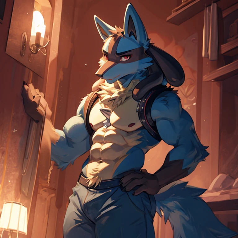 Lucario from pokemon,abs,sexy pose, skinny muscle,wolf,furry, anthro